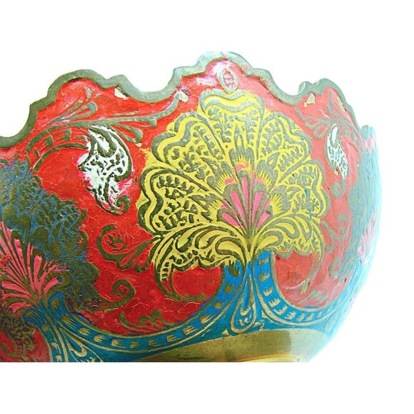 Vintage Multicolor Brass Enamel Scalloped Edge Raw Brass Foot Peacock Bowl Sz 6" - Picture 3 of 12